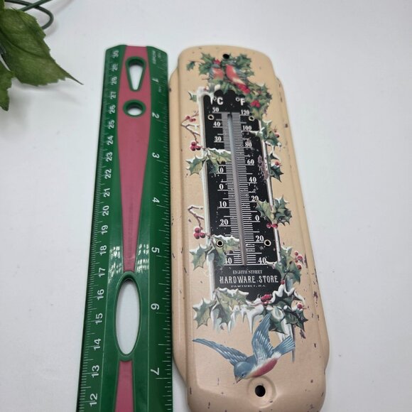 Vintage Rustic Tin Hardware Store Blue Bird Christmas Greetings Thermometer 8" - Picture 6 of 9